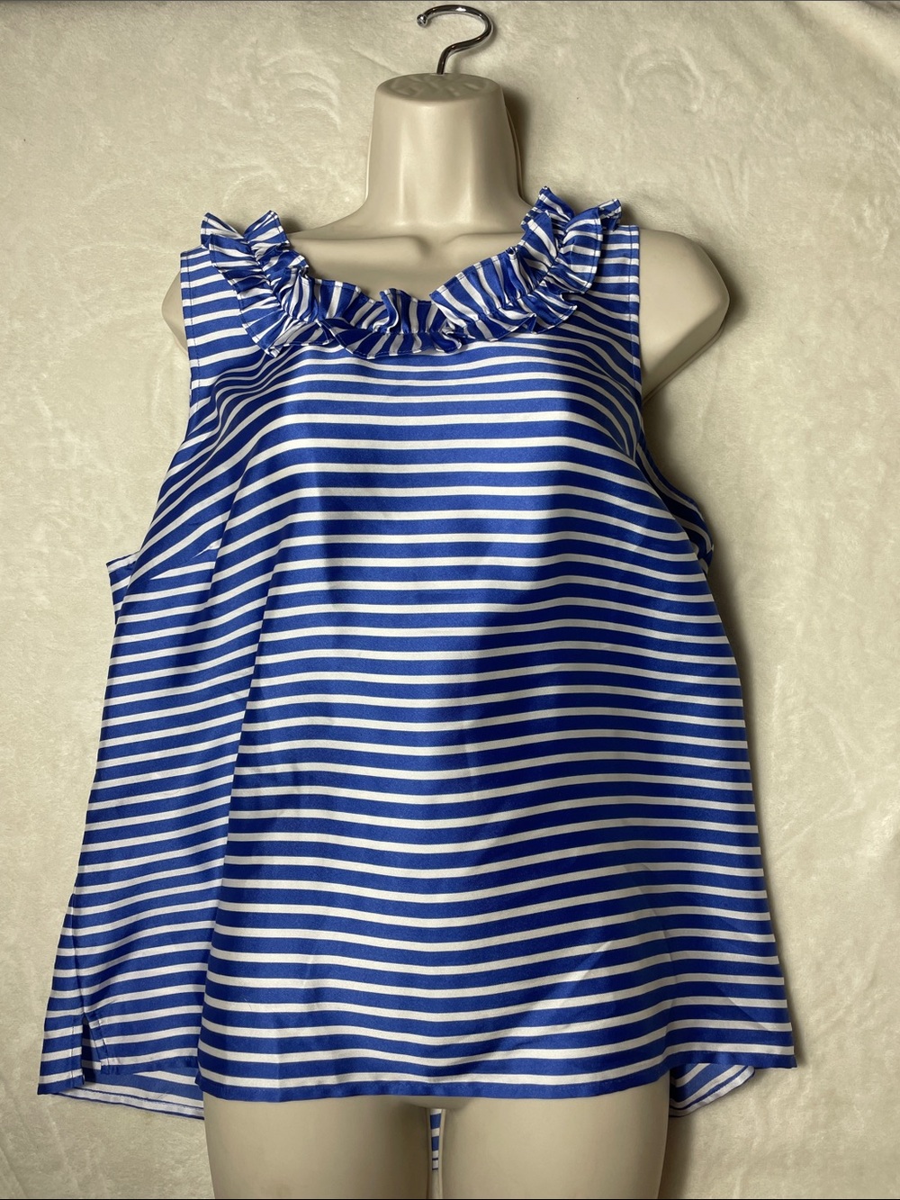 Striped Ruffle Neck Sleeveless Top - Blue & White